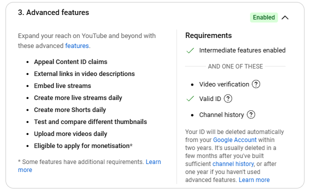 YouTube channel advanced features